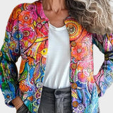 Ingeborg – bunte Strickjacke mit malerischem Druck aus Blüten und Vögeln in Rosa, Orange und Blau – Elara München