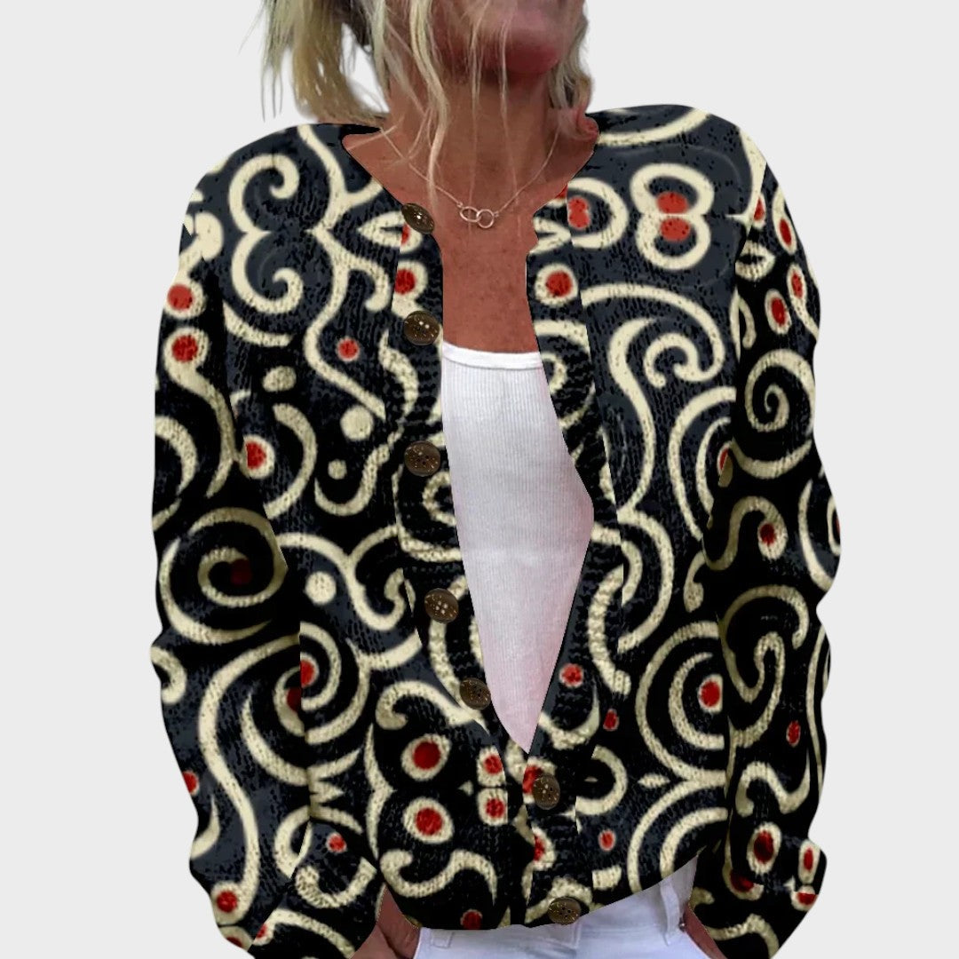 Gisela – Strickjacke mit Rankenmuster in Schwarz und Weiß