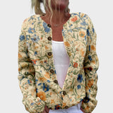 Klaudine – Strickjacke in Weiß mit blauen und rosa Blüten