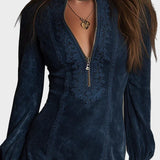 Franziska | Blaues Mini-Kleid aus Wildleder mit Spitze