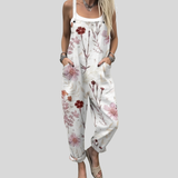 Jutta | Weiße Latzhose mit roten Blüten
