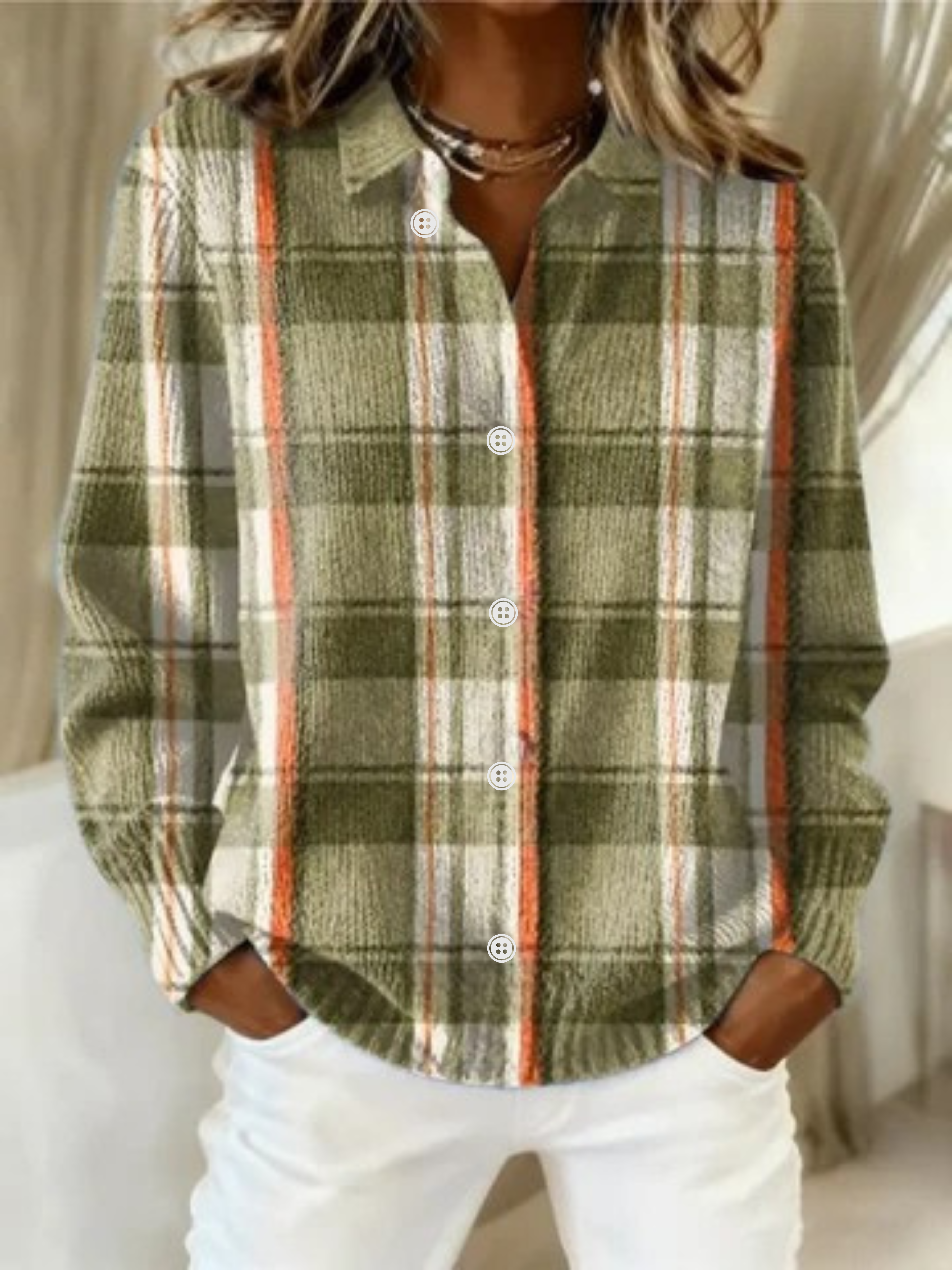 Ingrid – karierter Strickcardigan in Grün und Orange
