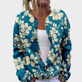 Mechthild – Strickjacke in Petrol mit weißen Margeriten