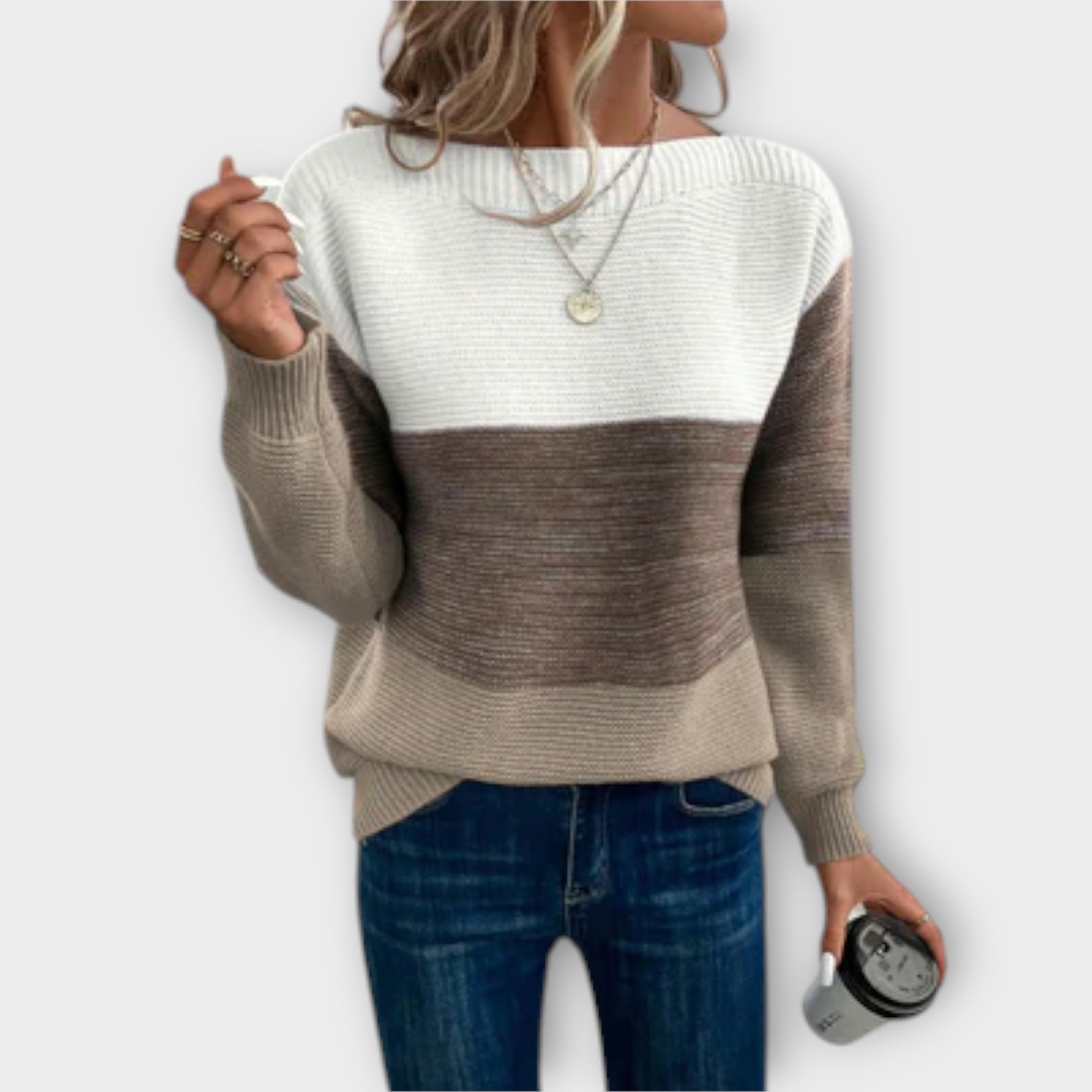 Clara - Eleganter, dreifarbiger Patchwork-Pullover