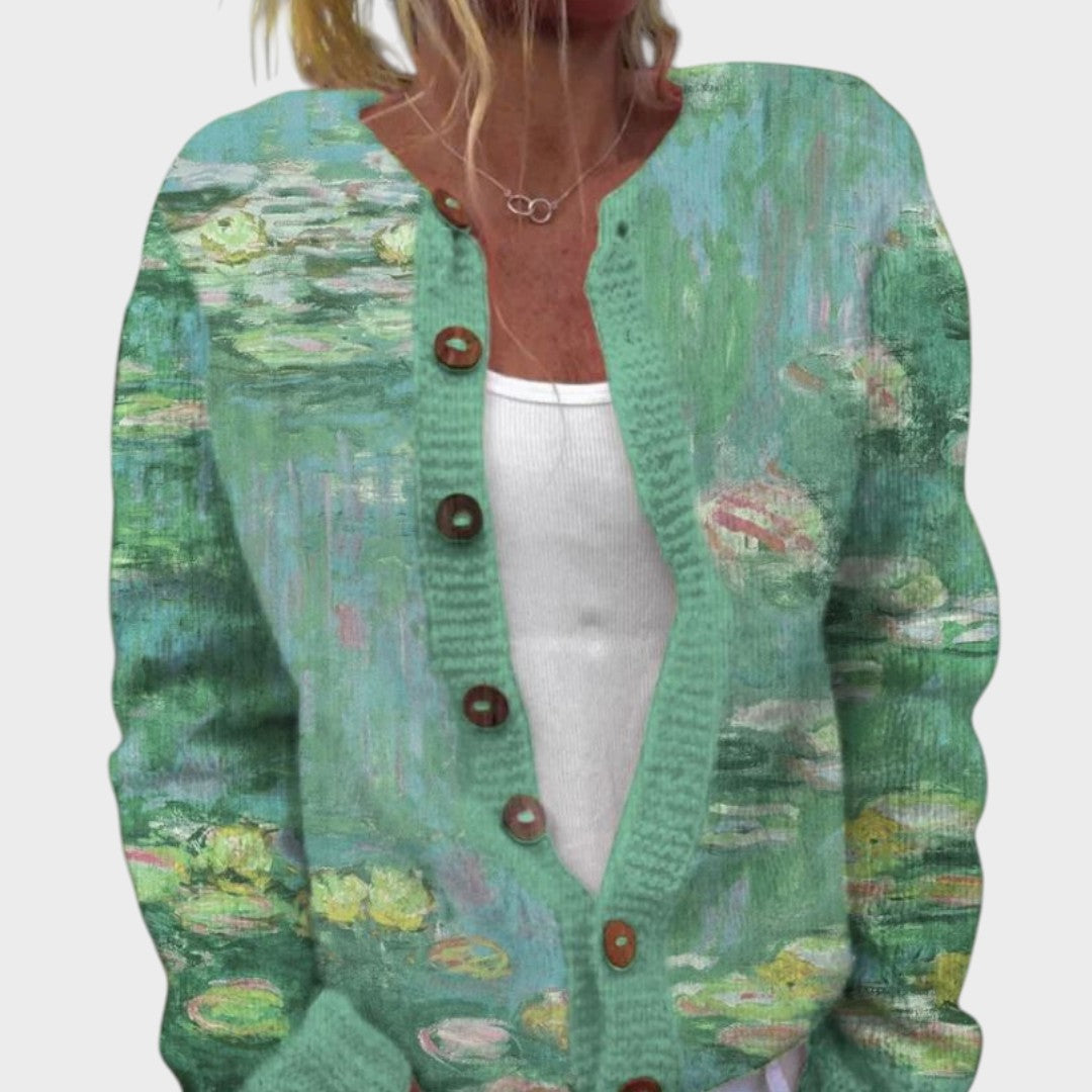 Ute – Strickjacke mit Blättermuster in Grün und Türkis