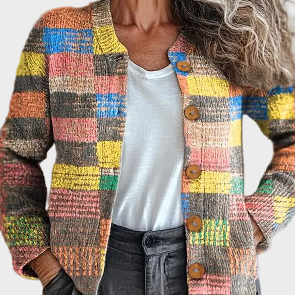 Marlies – Strickjacke im Patchwork aus Farbfeldern in Gelb, Rosa, Blau und Grün – Elara München