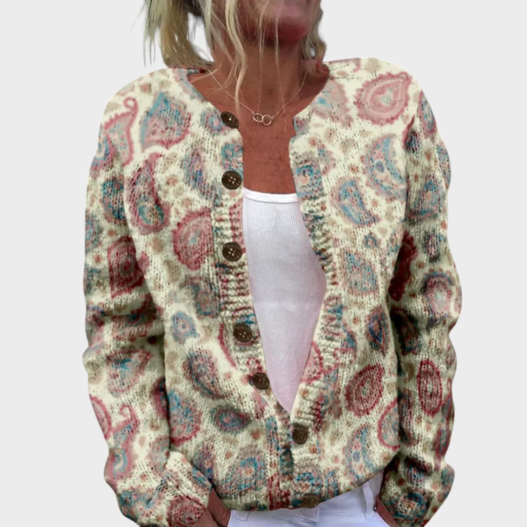 Lisbeth – Strickjacke in Beige mit Blütendruck