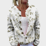 Jolanthe – Strickjacke mit Botanikmuster in Grau und Grün