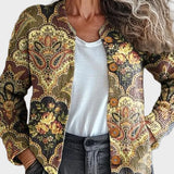 Margarete – Strickjacke mit Paisley- und Blütenmuster in Gold, Grün und Burgund – Elara München