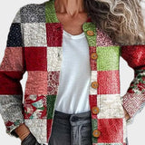 Sabine – Strickjacke im Karo-Patchwork aus Rot, Schwarz und Creme mit Holzknöpfen – Elara München