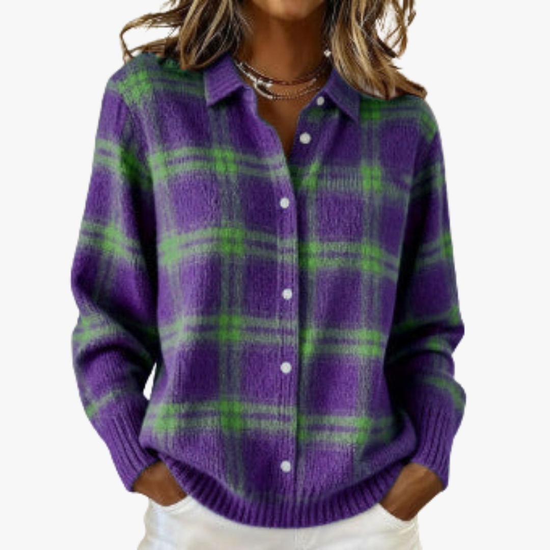 Nadine – karierter Strickcardigan in Lila und Grün