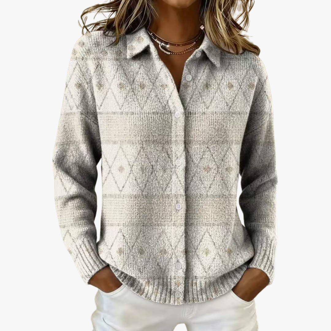 Elena – Strickjacke mit geometrischem Muster in Grau und Weiß