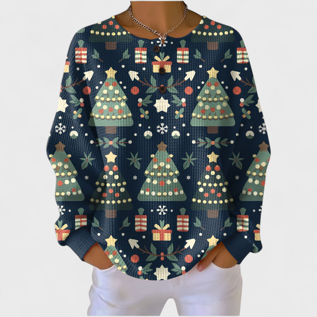 Fanny – dunkelblauer Weihnachtspullover mit Tannenbaum-Muster