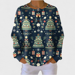 Fanny – dunkelblauer Weihnachtspullover mit Tannenbaum-Muster