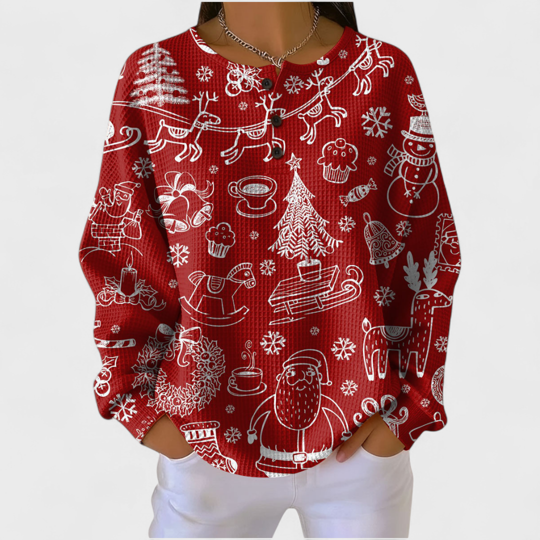 Karla – roter Weihnachtspullover mit nordischem Muster