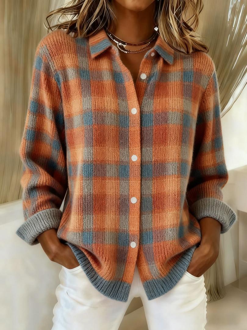 Isabel – karierter Strickcardigan in Orange und Grau