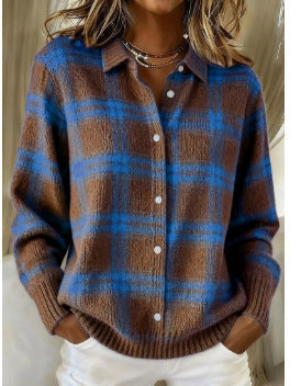 Rosemarie – zweifarbiger Karo-Strickcardigan in Braun und Blau