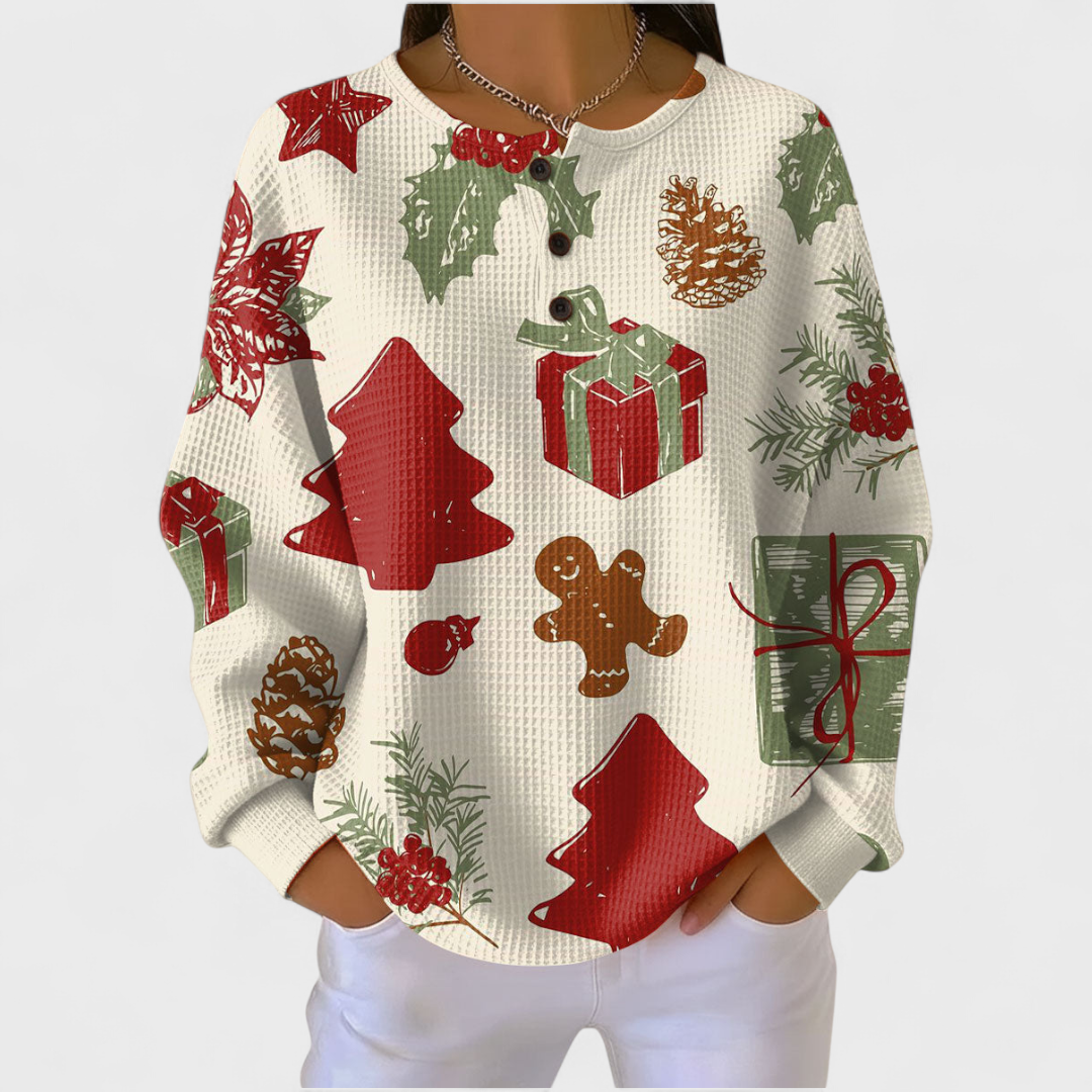 Olivia – cremefarbener Weihnachtspullover mit Weihnachtsmotiven