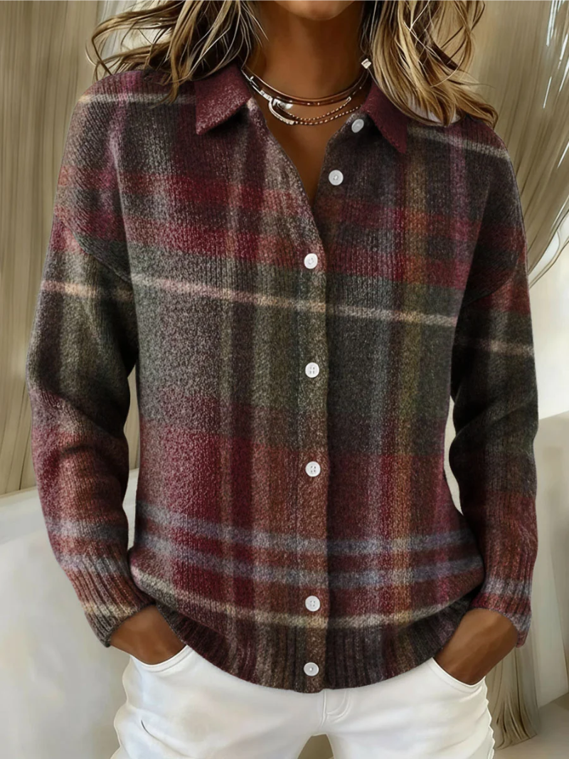 Karin – karierter Strickcardigan in Bordeaux und Grün