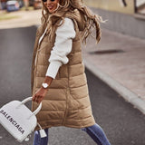 Lange Steppweste für Damen mit Taschen und Stehkragen