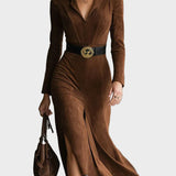 Retro-western Stil Kragen aus Faux Wildleder, Midi mit Schlitz