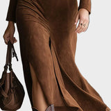 Retro-western Stil Kragen aus Faux Wildleder, Midi mit Schlitz