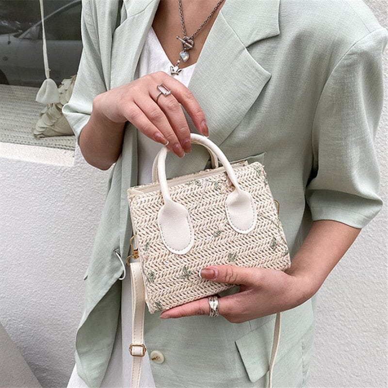 Strohtasche fur Damen – Geflochtene Handtasche mit Blumenakzenten