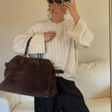 Große Damen Shopper Tasche – Strukturierte Schultertasche Wildleder/Leder