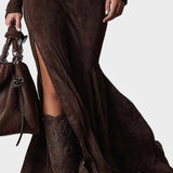 Adrianna - Braune Wildledermaxikleid mit Gürtel und Reißverschluss