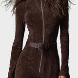 Adrianna - Braune Wildledermaxikleid mit Gürtel und Reißverschluss