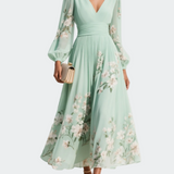Elfriede | Grünes Midi-Chiffonkleid mit Blumenplissee