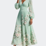 Elfriede | Grünes Midi-Chiffonkleid mit Blumenplissee