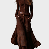 Helena - Maxikleid aus samtigem Material in Dunkelblau mit Gürtel