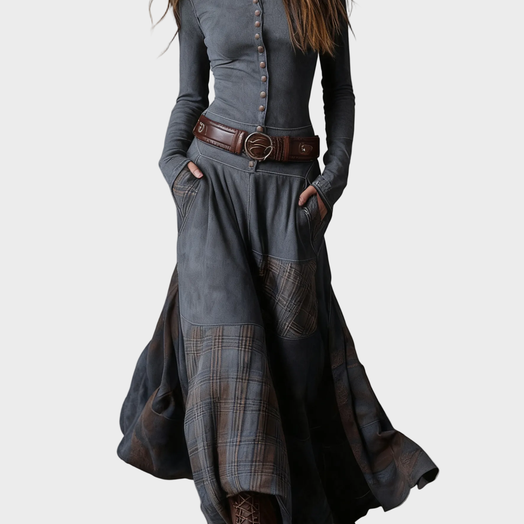 Helena - Maxikleid aus samtigem Material in Dunkelblau mit Gürtel