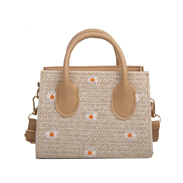 Strohtasche fur Damen – Geflochtene Handtasche mit Blumenakzenten