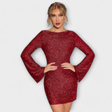 Brigitte | Rückenfreies Kleid mit Pailletten und langen Ärmeln