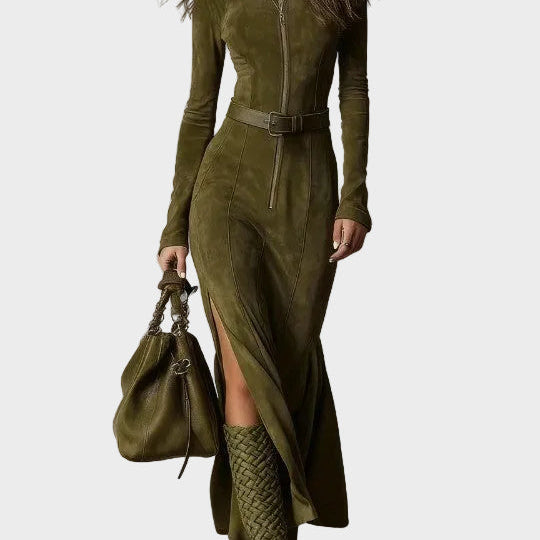 Adrianna - Braune Wildledermaxikleid mit Gürtel und Reißverschluss