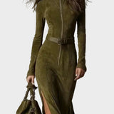 Vintage Grüne Maxi Kleid mit Reißverschluss und Gürtel