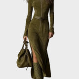 Vintage Grüne Maxi Kleid mit Reißverschluss und Gürtel