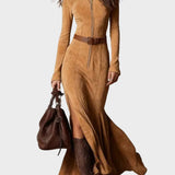 Adrianna - Braune Wildledermaxikleid mit Gürtel und Reißverschluss