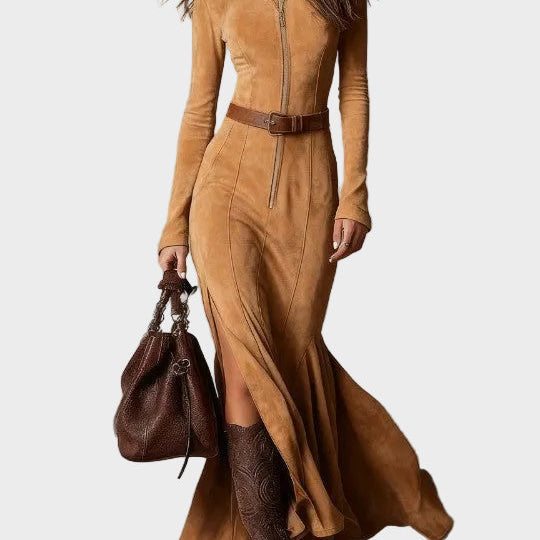 Adrianna - Braune Wildledermaxikleid mit Gürtel und Reißverschluss