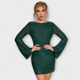 Brigitte | Rückenfreies Kleid mit Pailletten und langen Ärmeln