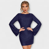 Brigitte | Rückenfreies Kleid mit Pailletten und langen Ärmeln