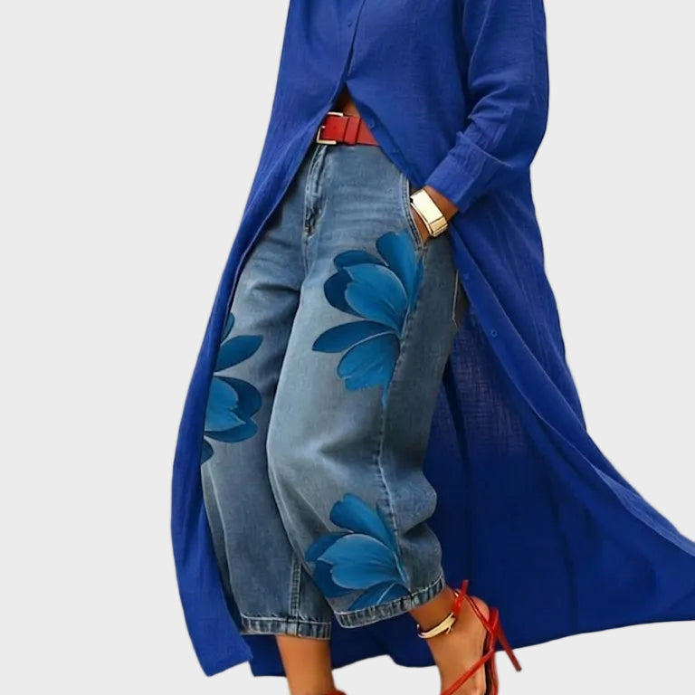 Sandra | Leinenkleid mit Blumen-Jeans-Set