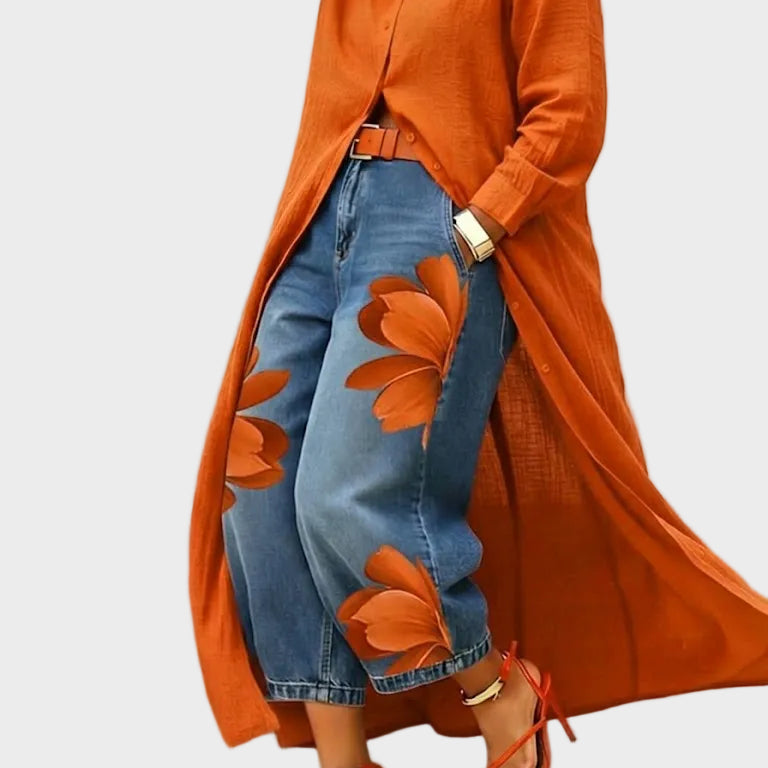 Sandra | Leinenkleid mit Blumen-Jeans-Set
