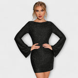 Brigitte | Rückenfreies Kleid mit Pailletten und langen Ärmeln
